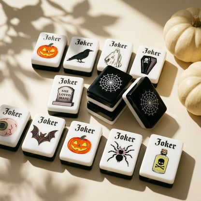 The Joker tiles, no two alike — pumpkin, raven, ghost, coffin, spider, bat