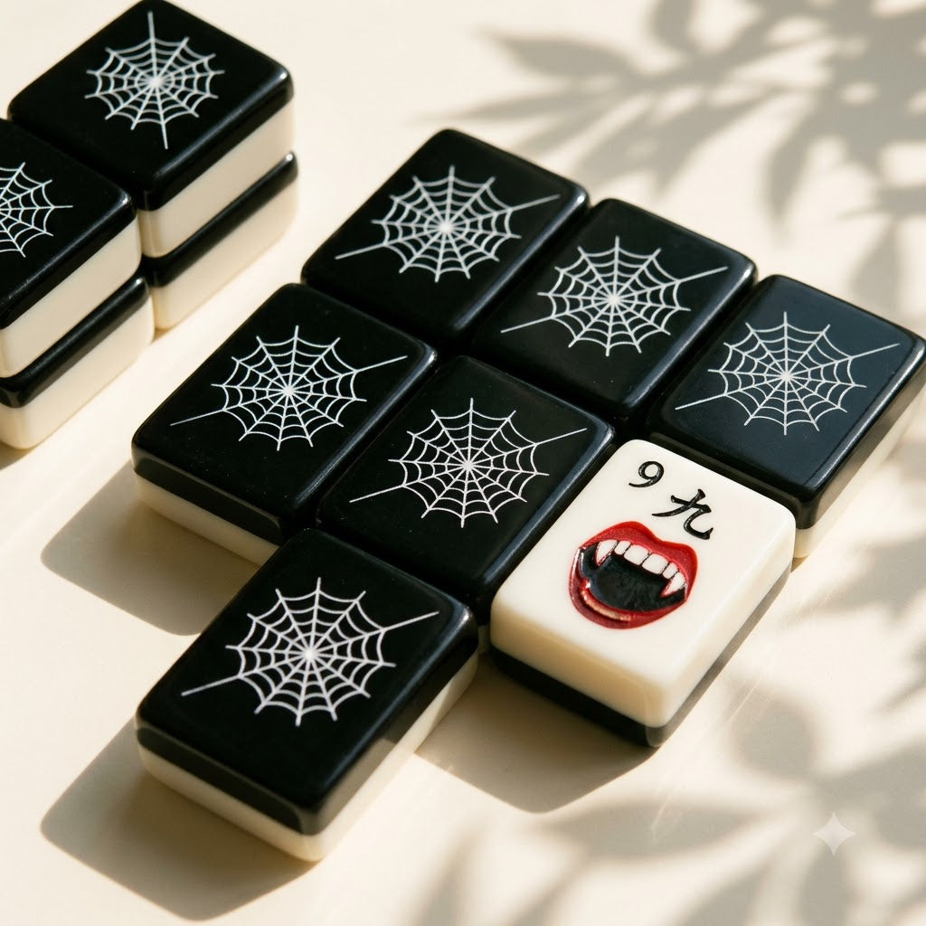 The tile backs — glossy black covered in a fine white spider web