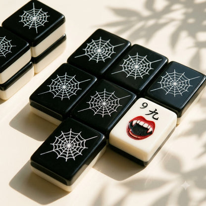 The tile backs — glossy black covered in a fine white spider web