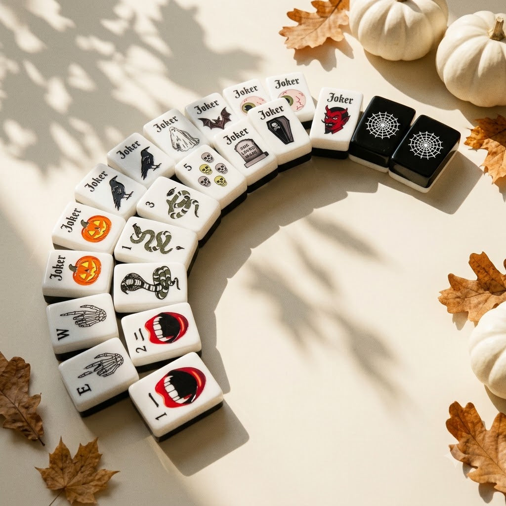 Gothic mahjong tiles fanned in an arc among dried autumn leaves