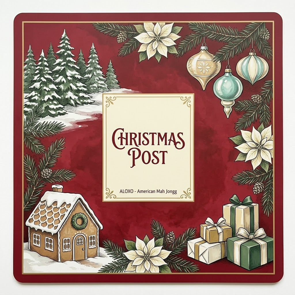 Snowy Christmas Post mahjong mat, full printed artwork seen from above