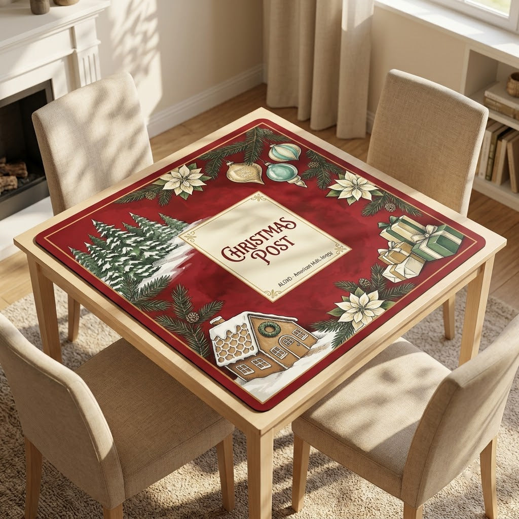 Snowy Christmas Post mahjong mat on a card table with four chairs in a living room