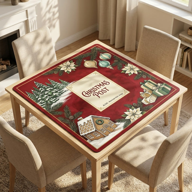 Snowy Christmas Post mahjong mat on a card table with four chairs in a living room