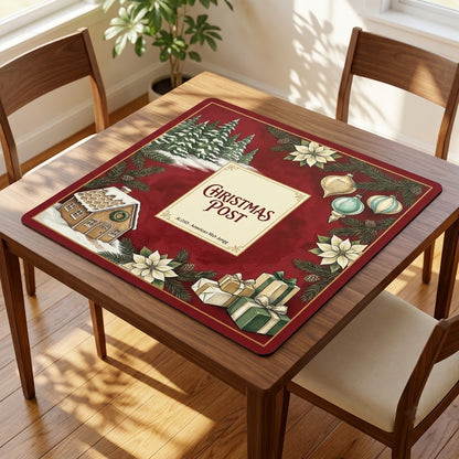 Snowy Christmas Post mahjong mat covering a square card table, angled view