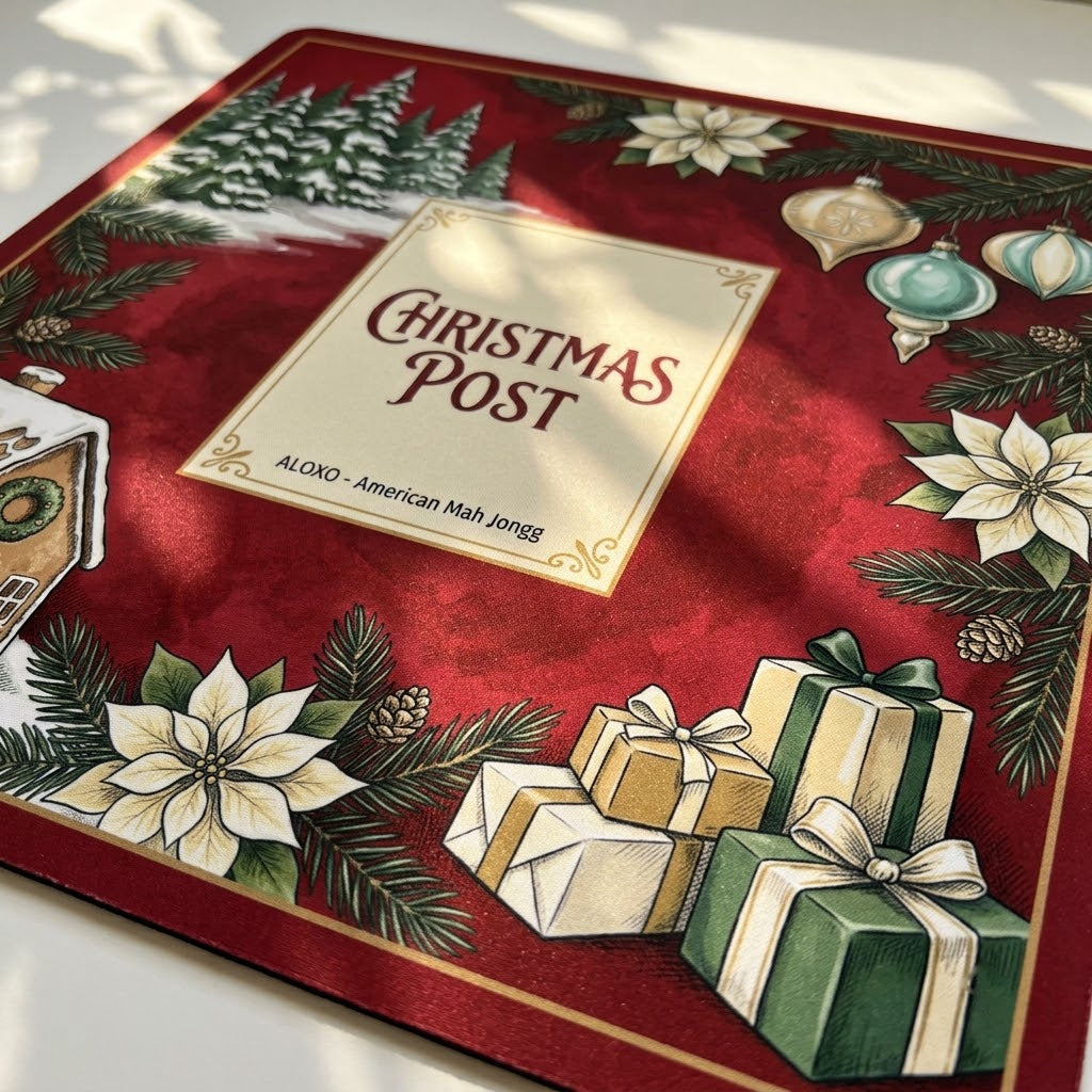 Close-up of the printed artwork on the Snowy Christmas Post mahjong mat