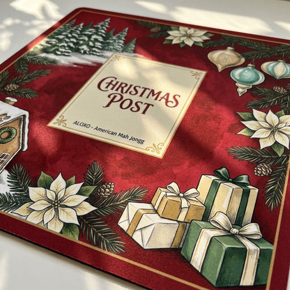 Close-up of the printed artwork on the Snowy Christmas Post mahjong mat