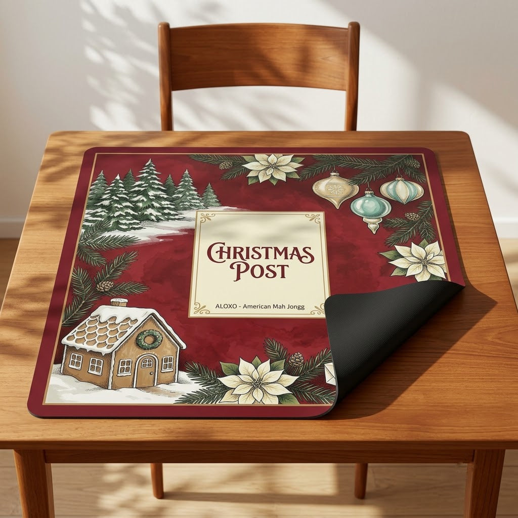 Snowy Christmas Post mahjong mat with one corner folded back to show the black rubber underside