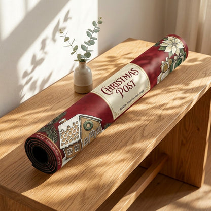 Snowy Christmas Post mahjong mat rolled up on a console table