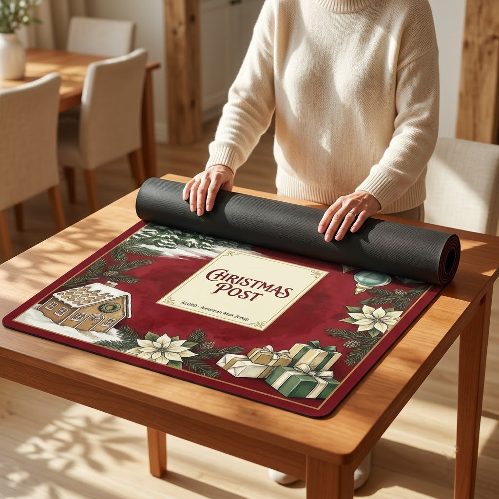 Woman unrolling the Snowy Christmas Post mahjong mat across a card table