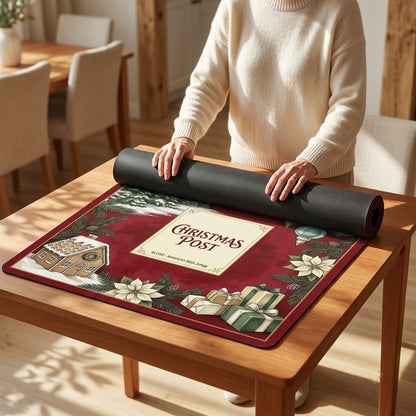Woman unrolling the Snowy Christmas Post mahjong mat across a card table