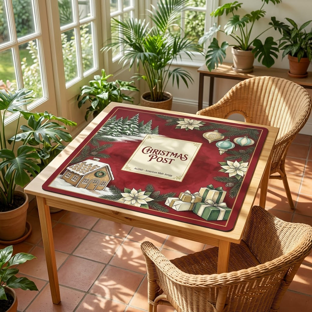 Snowy Christmas Post mahjong mat on a card table in a sunroom with wicker chairs