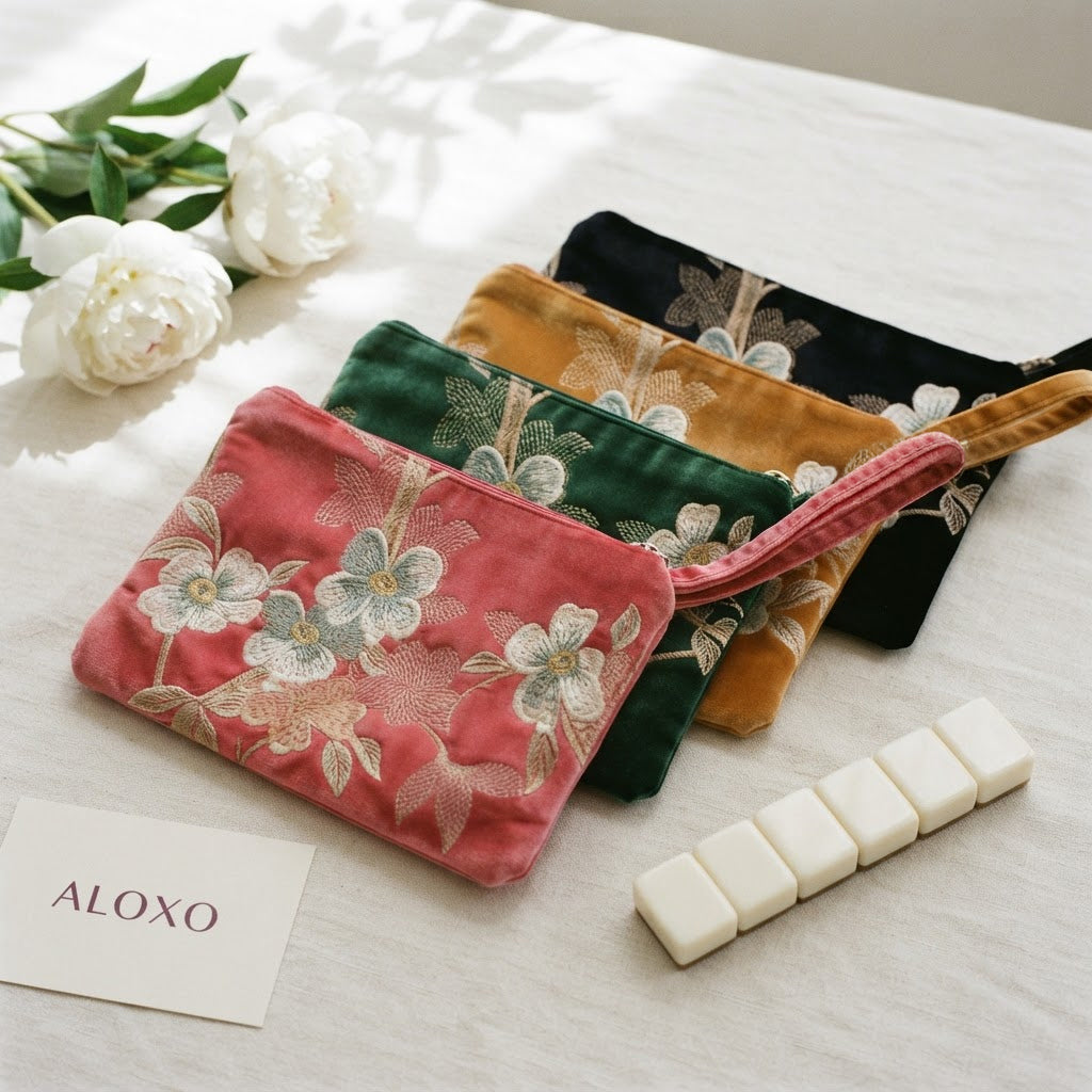 Four embroidered mahjong clutches in pink, green, gold and black beside a row of blank tiles