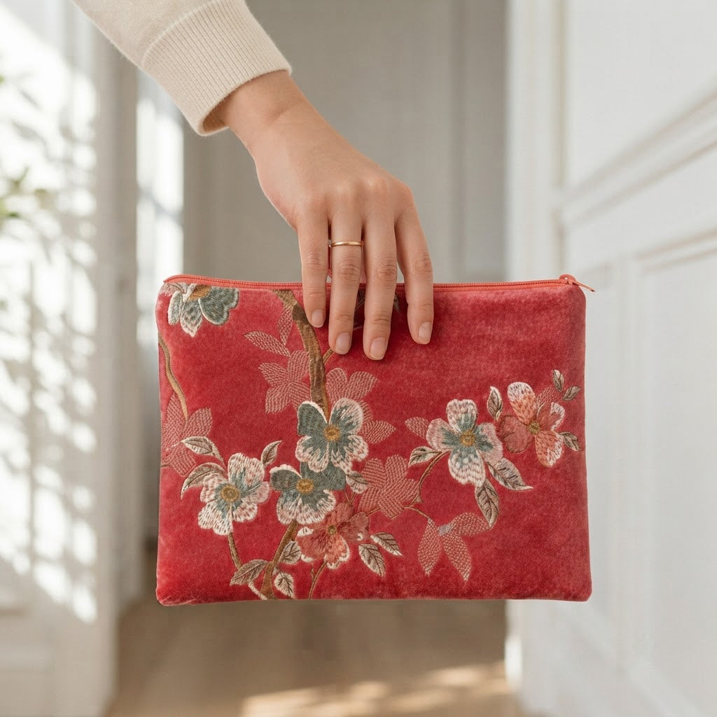 Hand holding the pink embroidered mahjong clutch