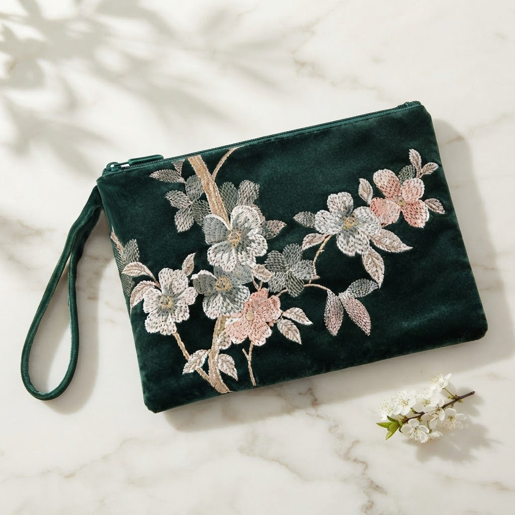 Green embroidered mahjong clutch with a matching wrist strap