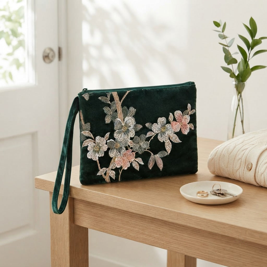 Green embroidered mahjong clutch on an entry table by the door