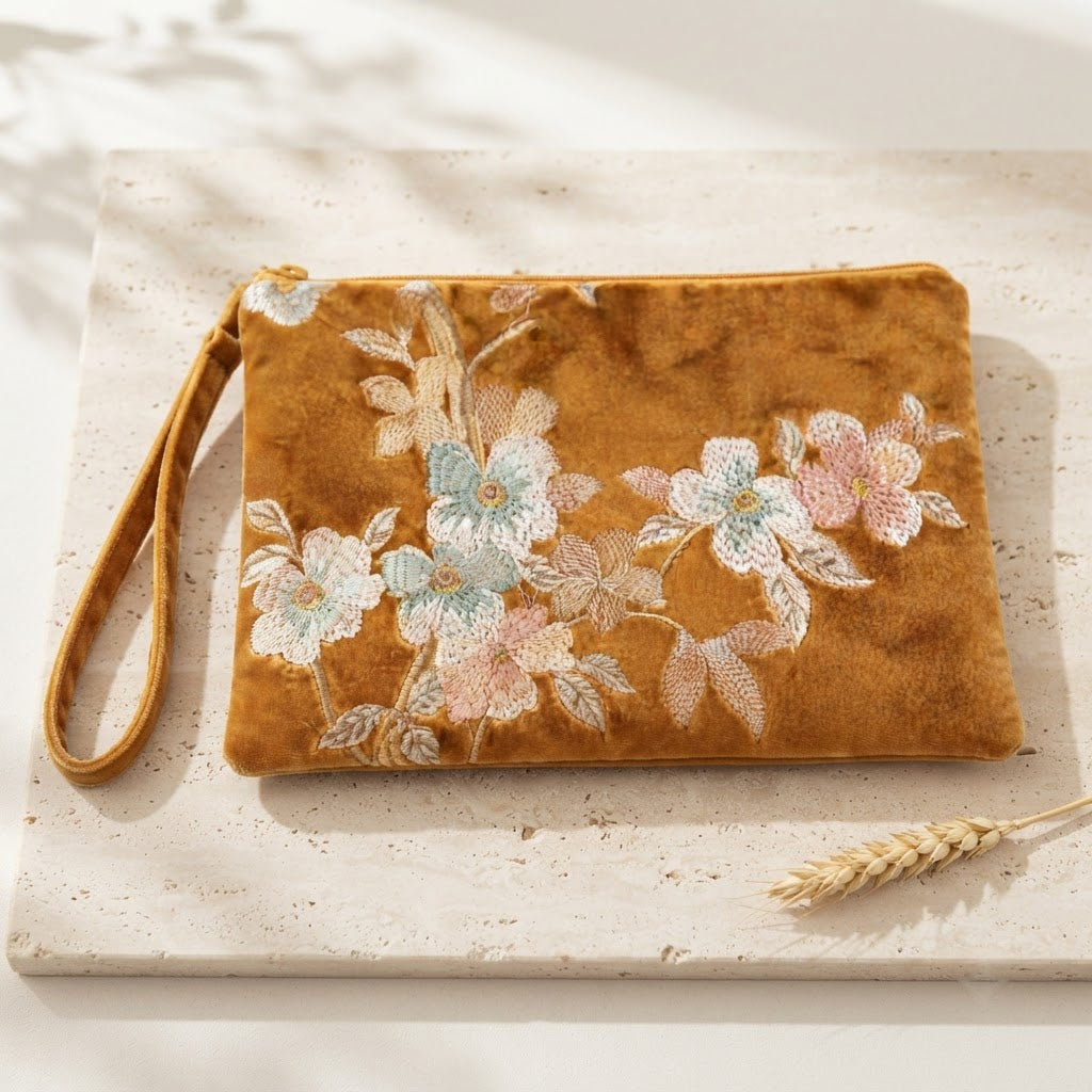 Gold embroidered mahjong clutch with a matching wrist strap