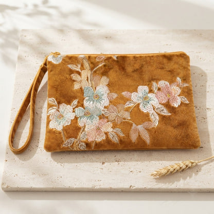 Gold embroidered mahjong clutch with a matching wrist strap