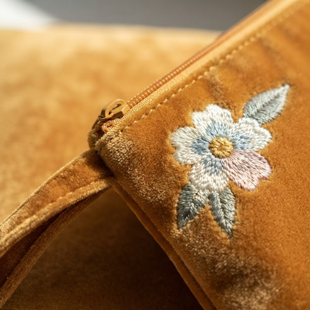 Close-up of the zipper corner, wrist strap and an embroidered flower