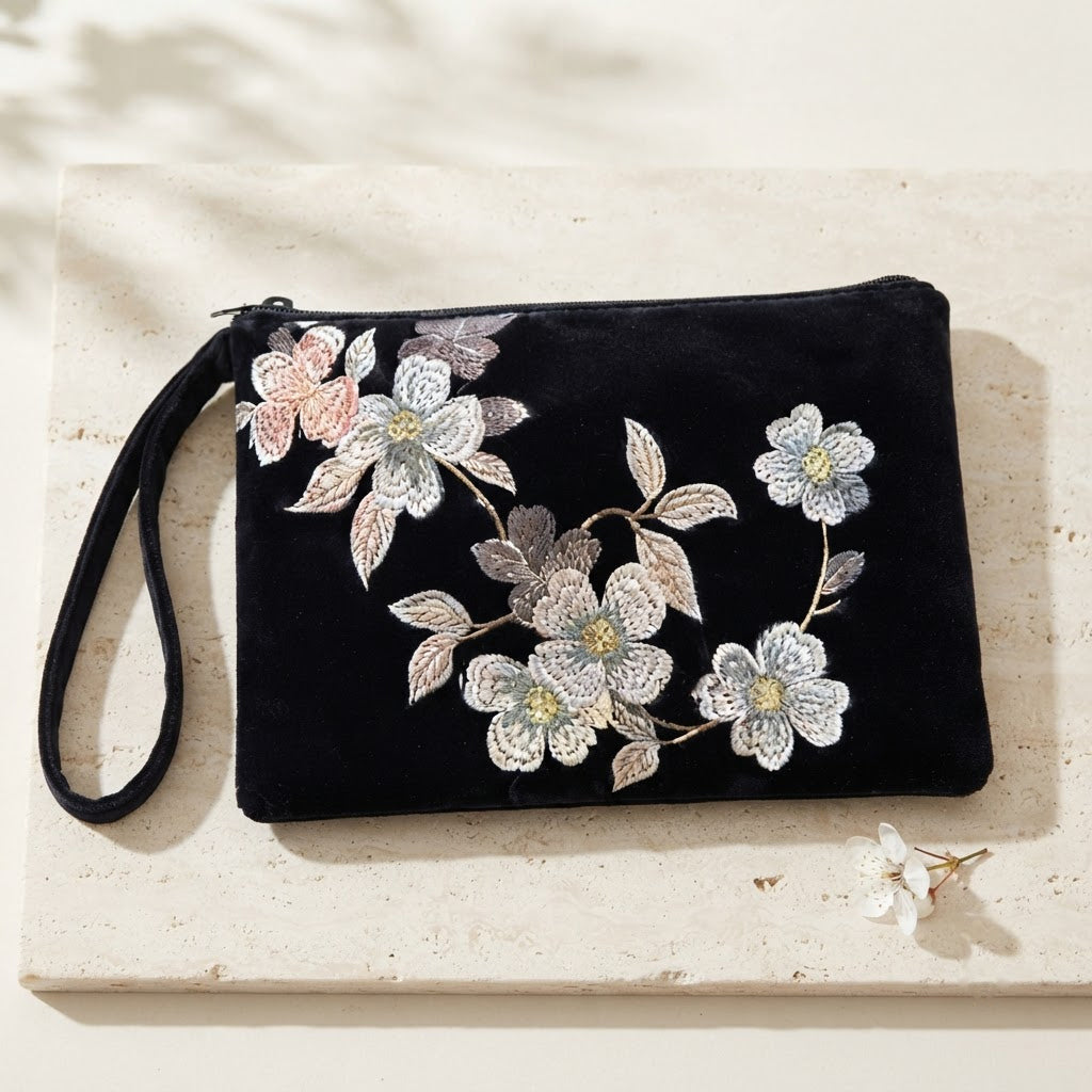 Black embroidered mahjong clutch with a matching wrist strap