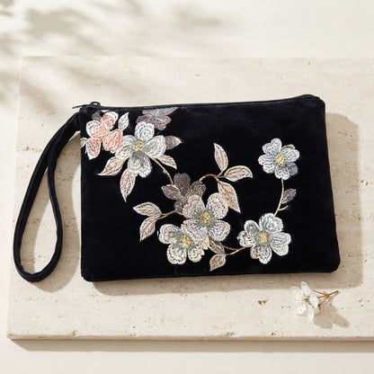 Black embroidered mahjong clutch with a matching wrist strap