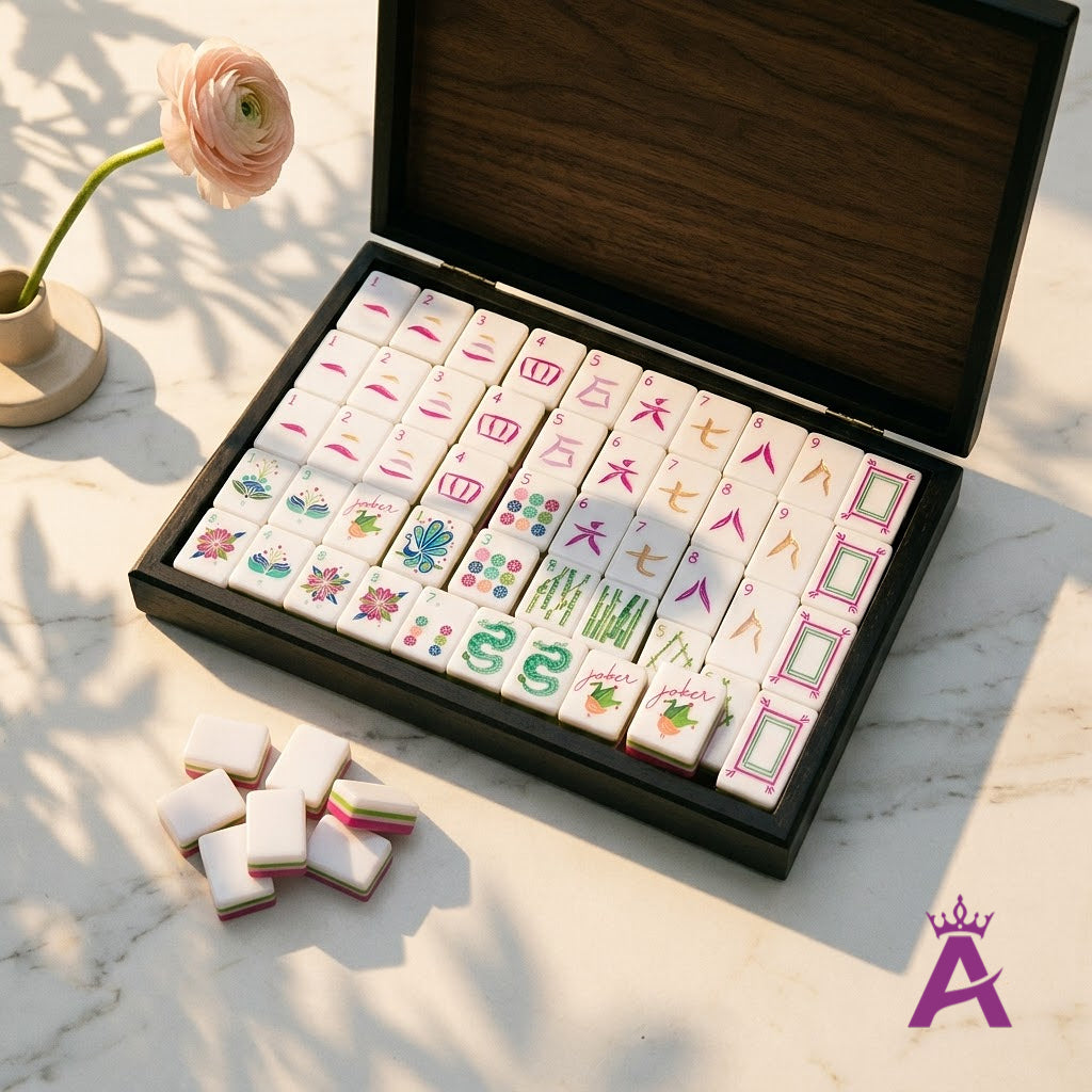Complete sorbet mahjong set in its open case