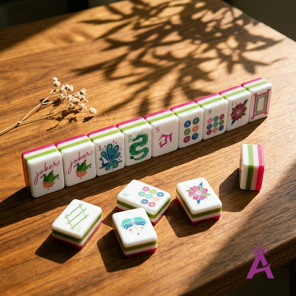 Sorbet mahjong tiles standing mid-game, peacock in view