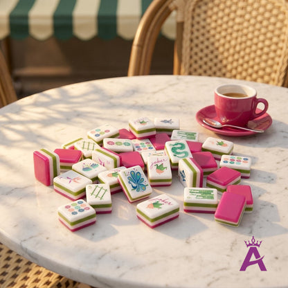 Sorbet mahjong tiles on a marble cafe table