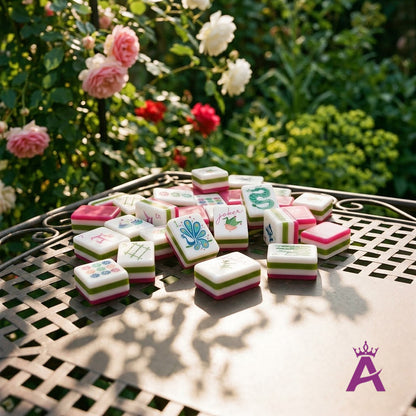 Sorbet mahjong tiles on a garden terrace table