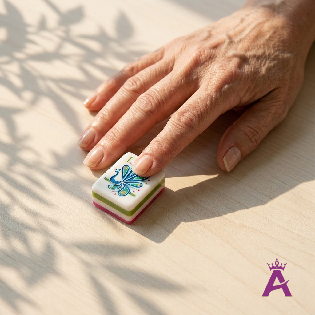 Woman's hand on sorbet mahjong tiles with the peacock