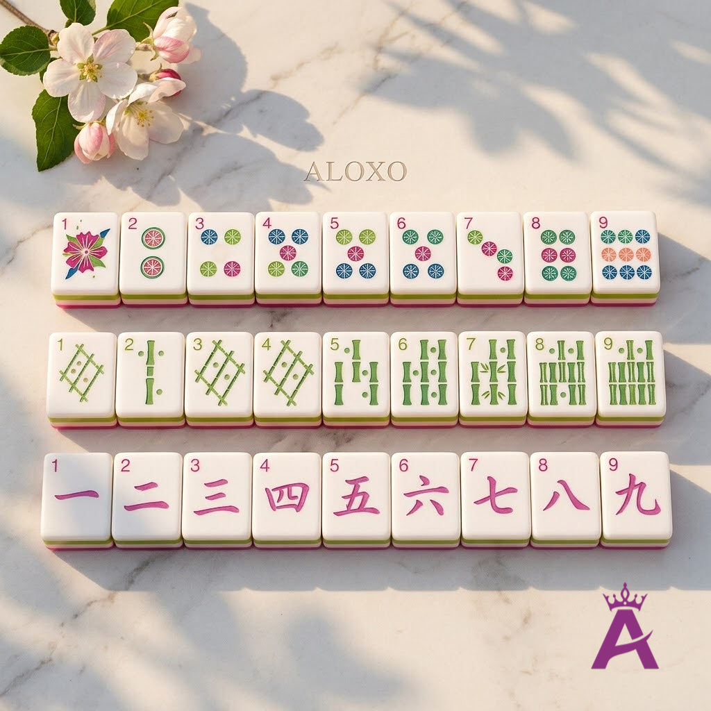Sorbet mahjong dot, bamboo and character suits in rows