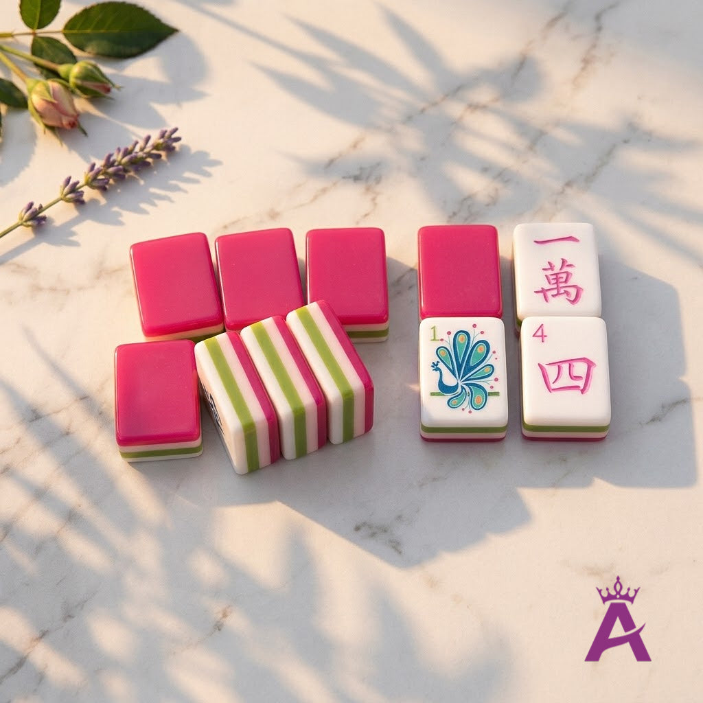 Sorbet mahjong tiles showing hot-pink backs and thickness