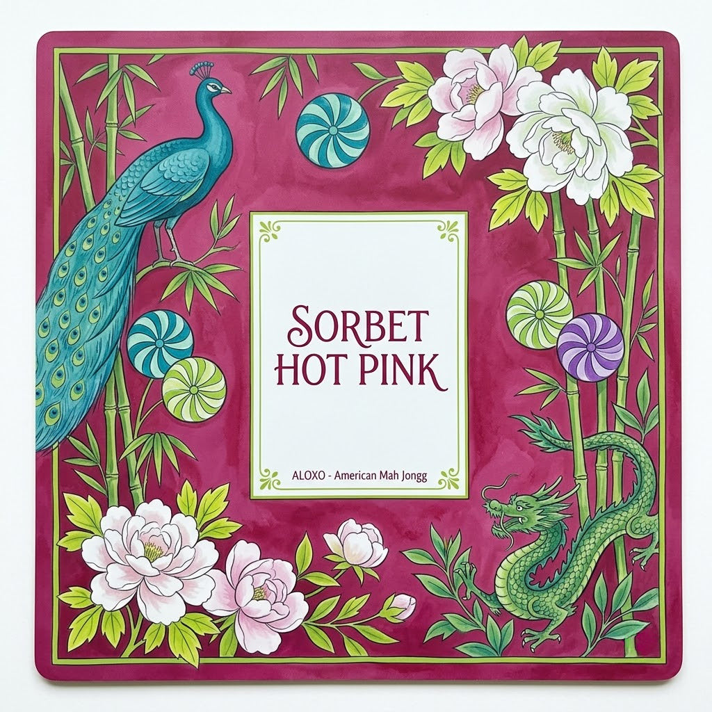 Sorbet Pink Peacock mahjong mat, full printed artwork seen from above
