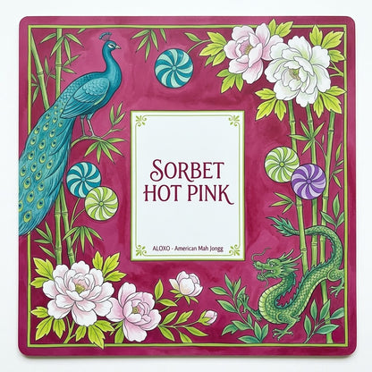 Sorbet Pink Peacock mahjong mat, full printed artwork seen from above