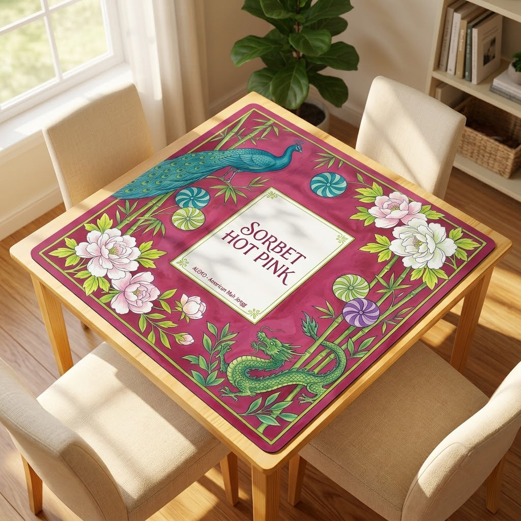 Sorbet Pink Peacock mahjong mat on a card table with four chairs in a living room