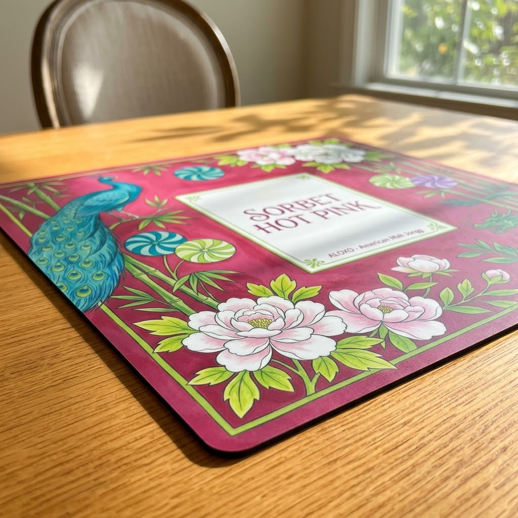 Low-angle view of the Sorbet Pink Peacock mahjong mat lying flat on a table