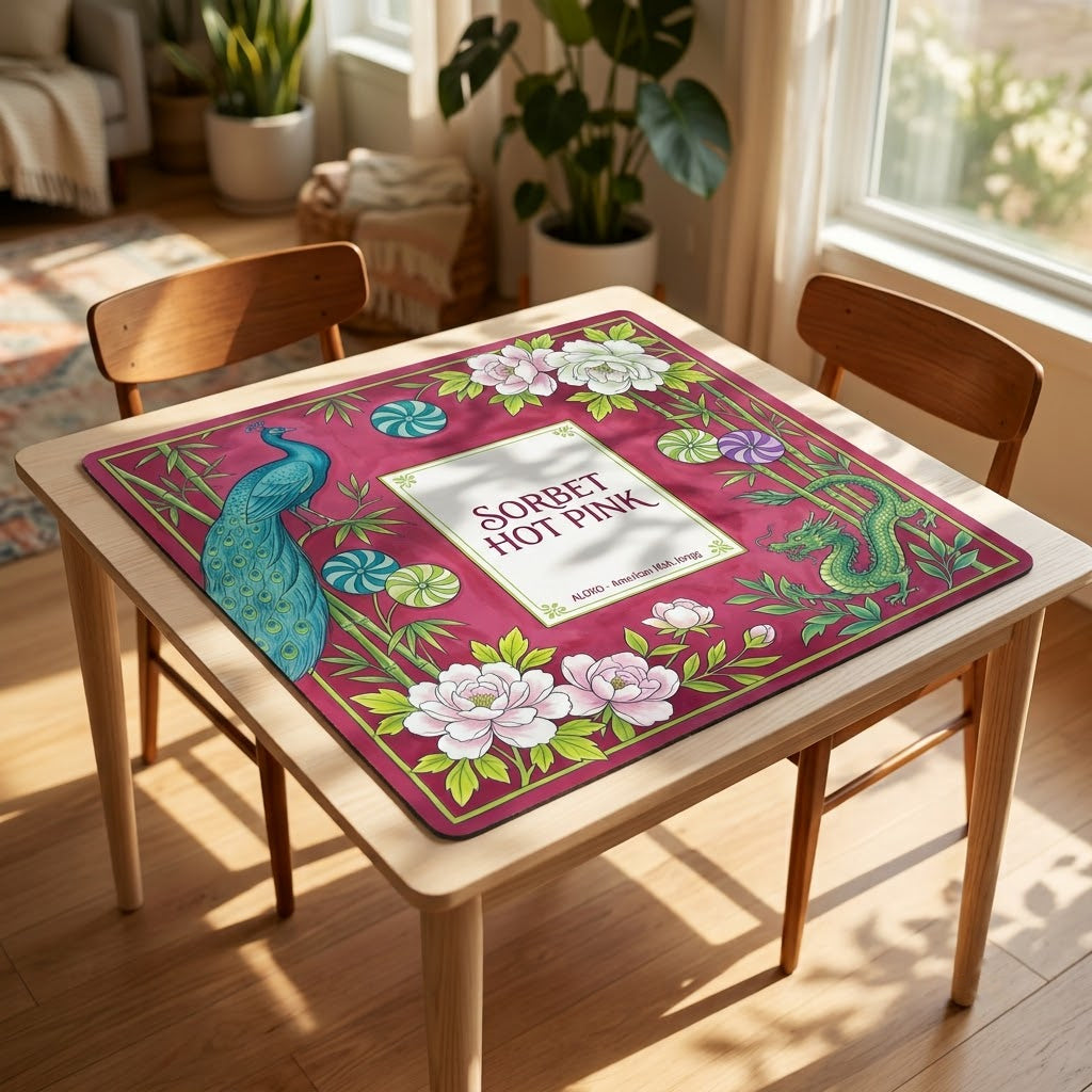 Sorbet Pink Peacock mahjong mat covering a square card table, angled view