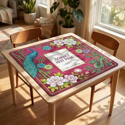 Sorbet Pink Peacock mahjong mat covering a square card table, angled view