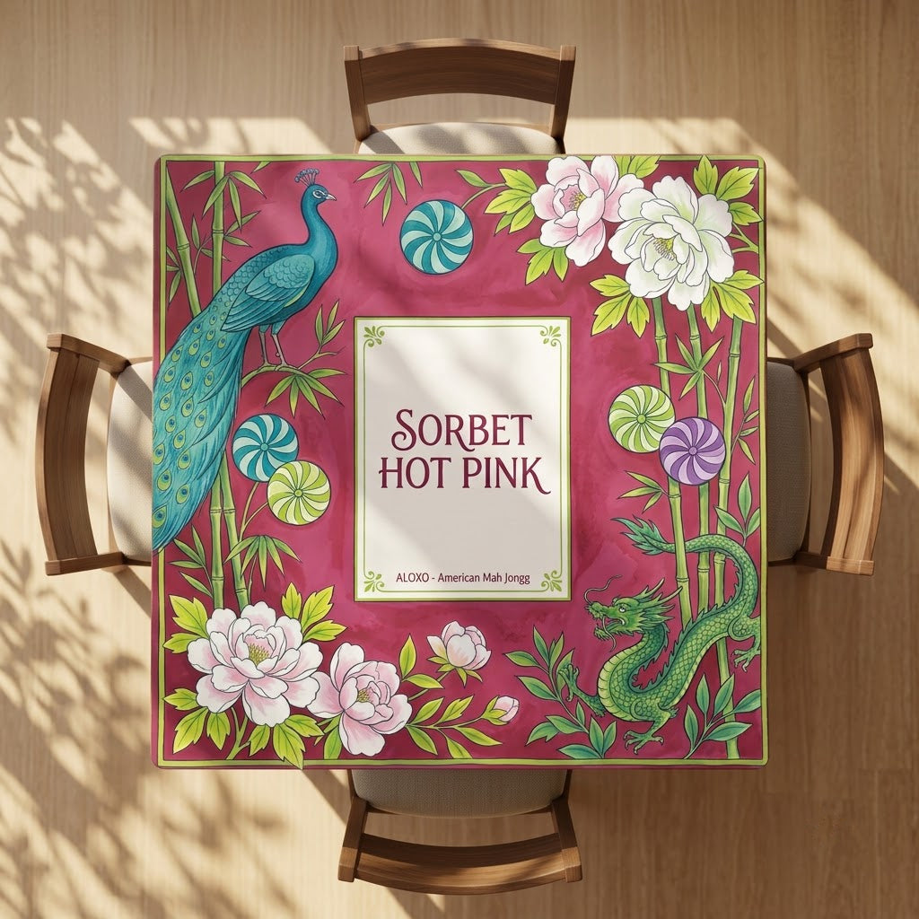 Sorbet Pink Peacock mahjong mat on a square card table with four chairs, seen from above
