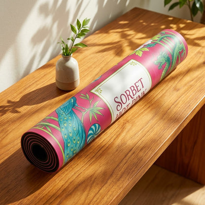 Sorbet Pink Peacock mahjong mat rolled up on a console table