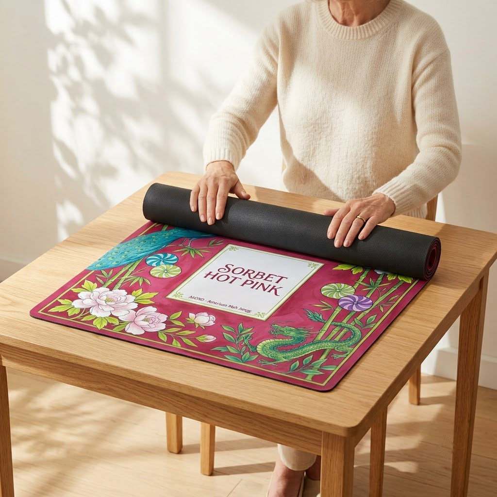 Woman unrolling the Sorbet Pink Peacock mahjong mat across a card table