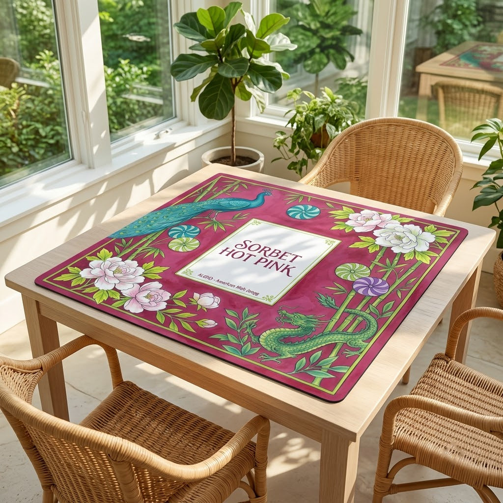 Sorbet Pink Peacock mahjong mat on a card table in a sunroom with wicker chairs