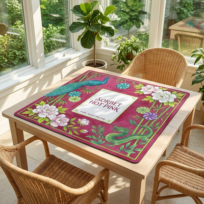 Sorbet Pink Peacock mahjong mat on a card table in a sunroom with wicker chairs