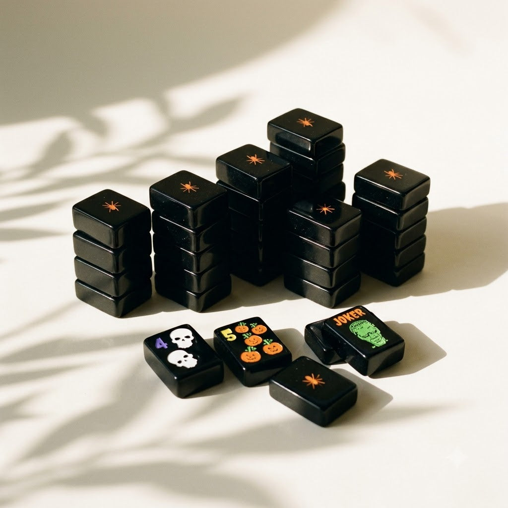 Short stacks of black tiles with orange spiders on the backs