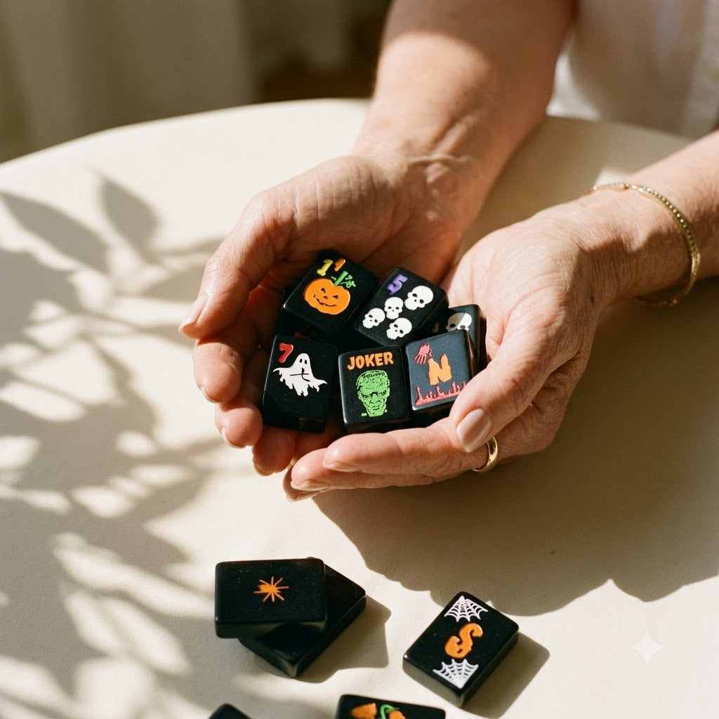 A handful of black mahjong tiles cradled in a woman's hands
