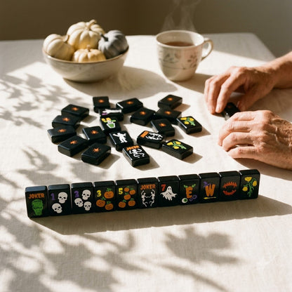 A Halloween mahjong game in progress on an ivory table