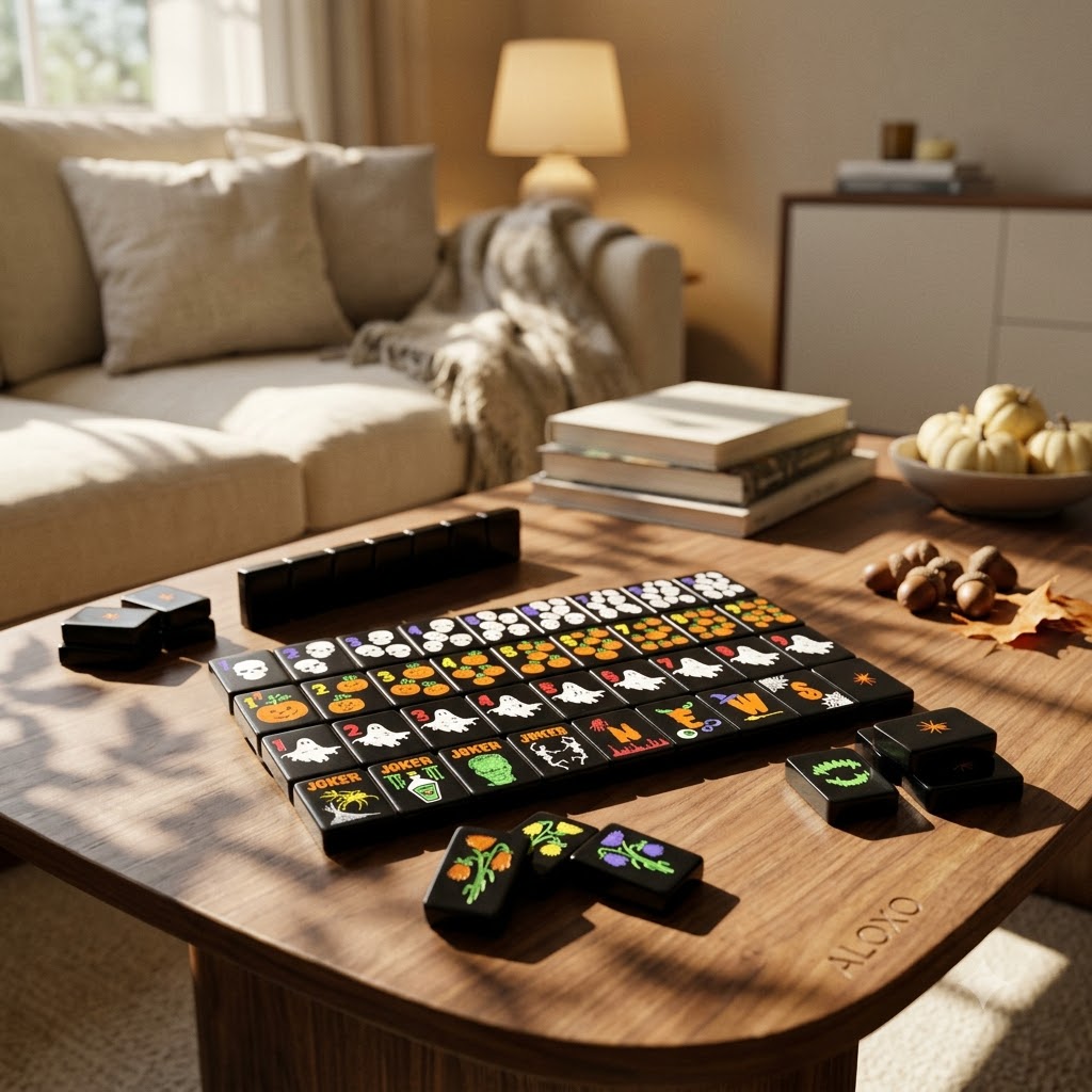Black mahjong tiles on a walnut coffee table in a warm living room
