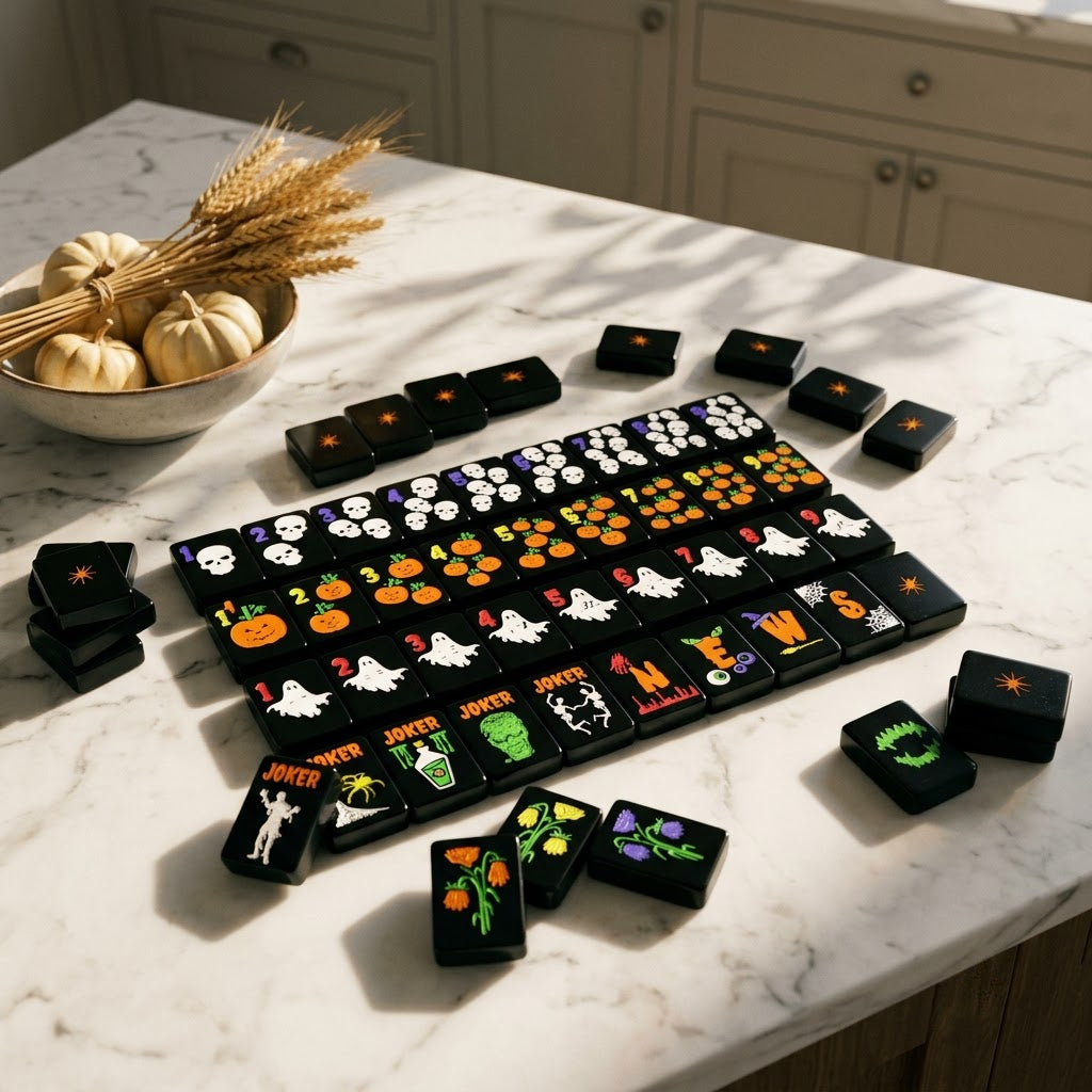 Black tiles spread on a white marble kitchen island