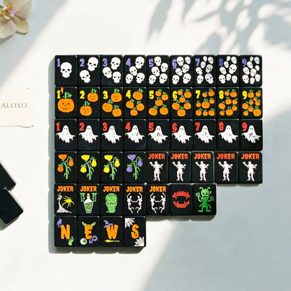 Spider Black Mahjong Set — 160 black Halloween tiles laid out in a grid