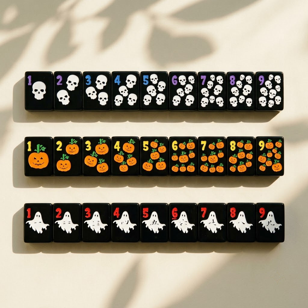 Skull dots, pumpkin bams and ghost craks laid out in three rows