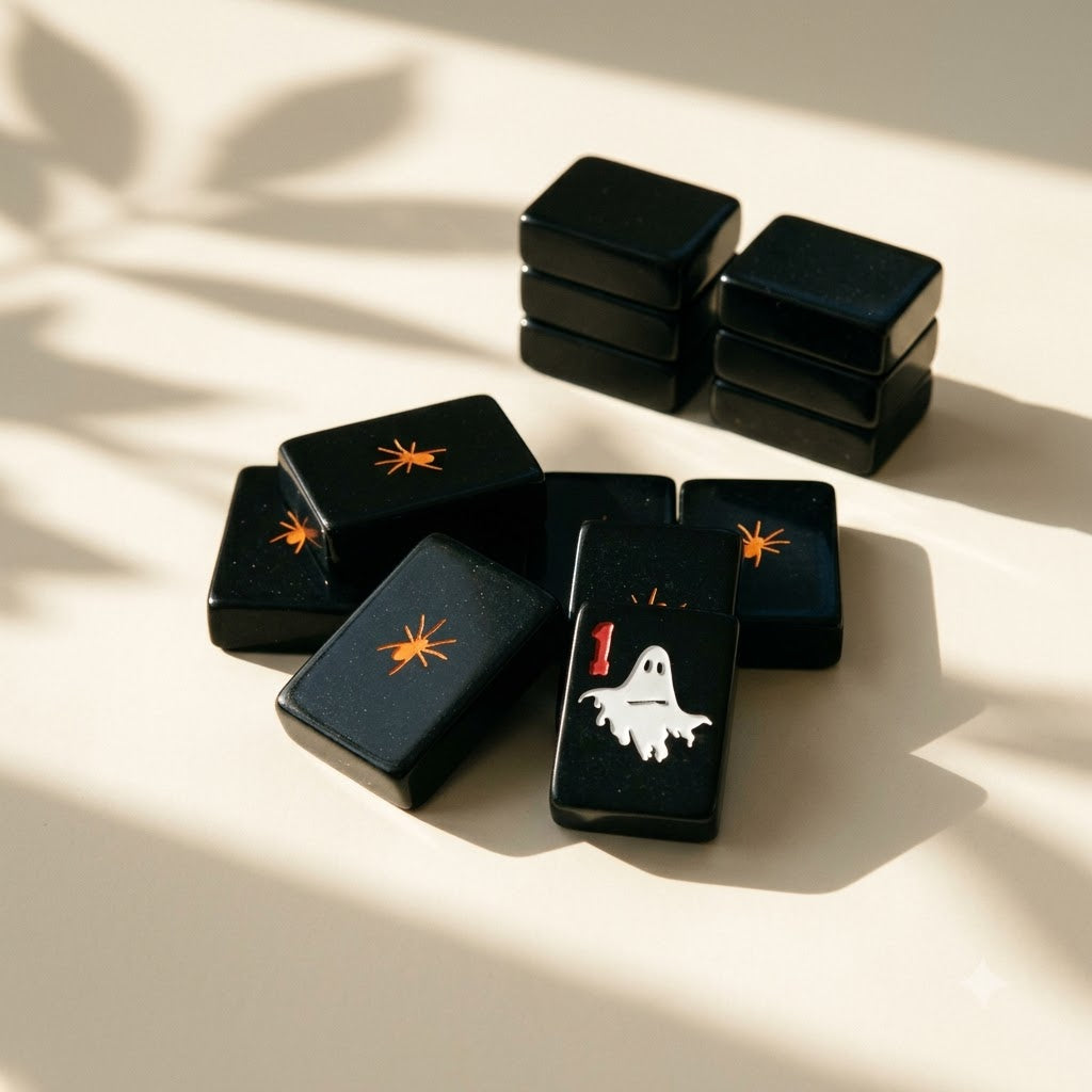 The tile backs — a small orange spider centred on every one
